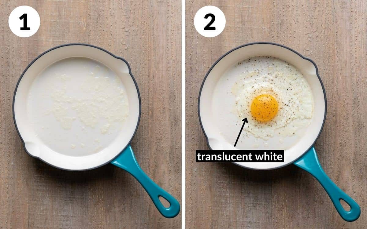 butter bubbling in pan and egg crack in pan seasoned with pepper