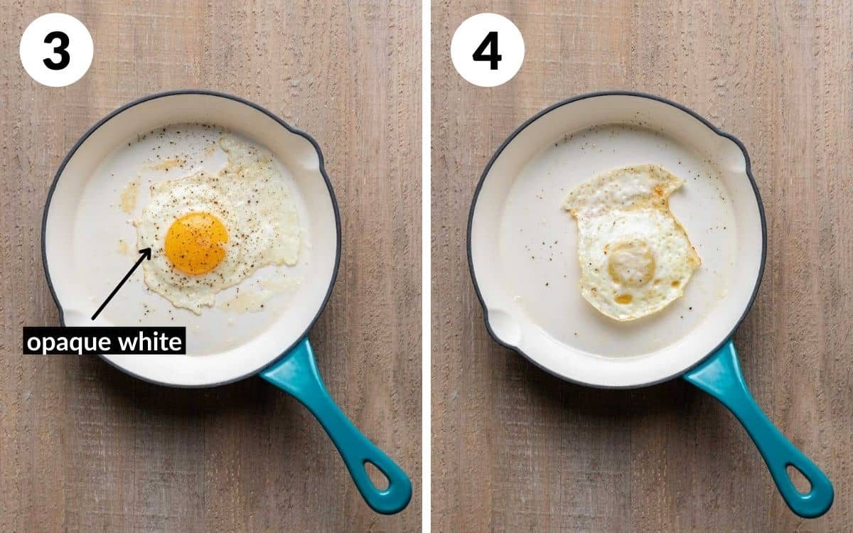 egg white around egg yolk is opaque and egg flipped in pan