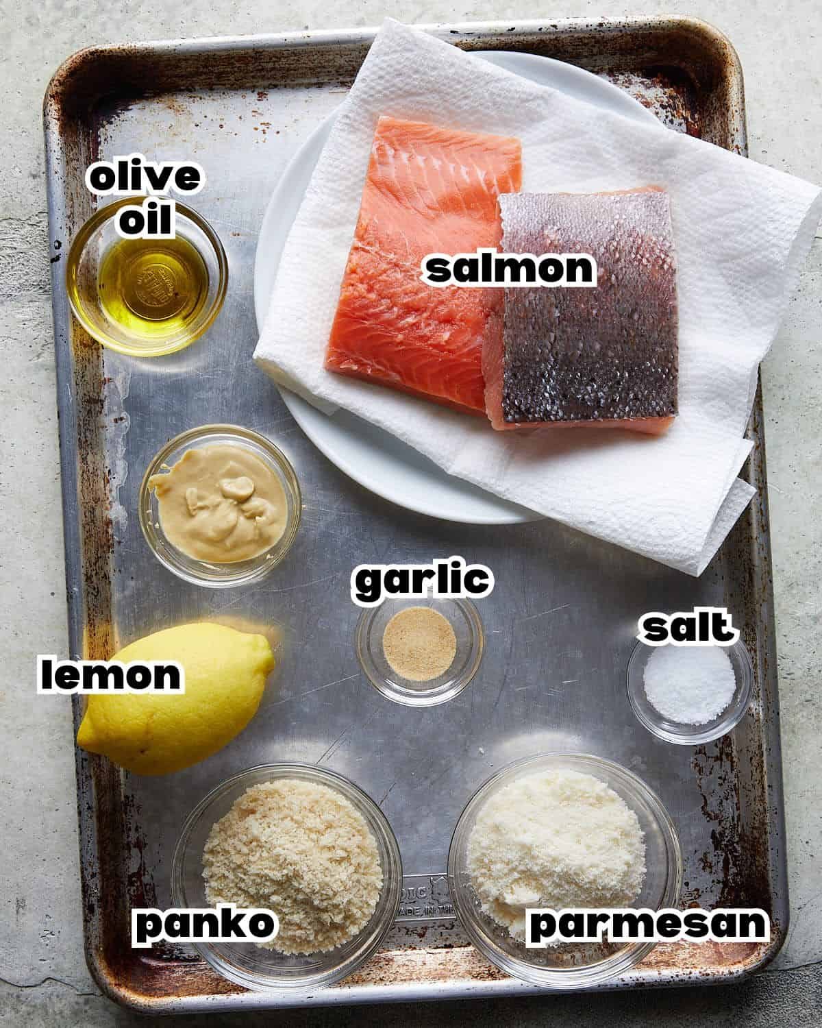 Overhead image of ingredients needed to make panko crusted salmon.