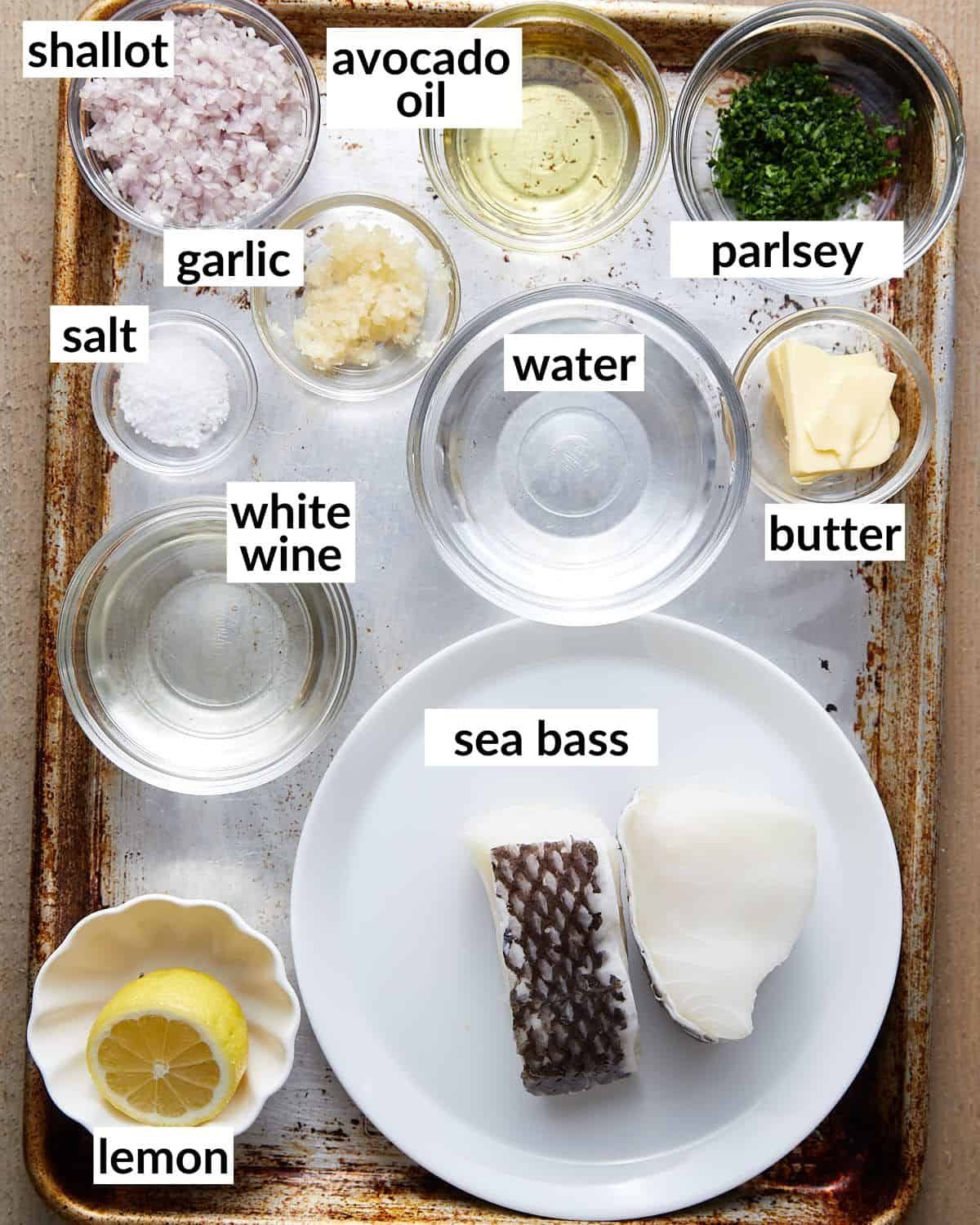 Overhead image of ingredients needed to make pan seared chilean sea bass.