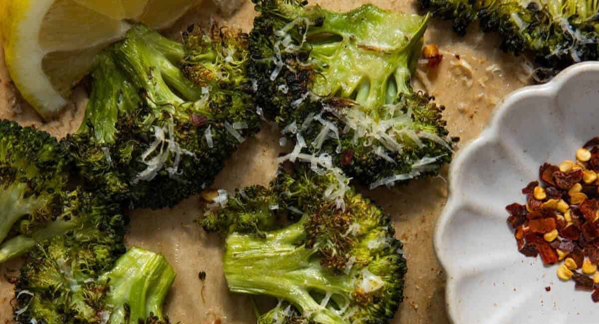 Overhead image of crispy smashed broccoli with parmesan.