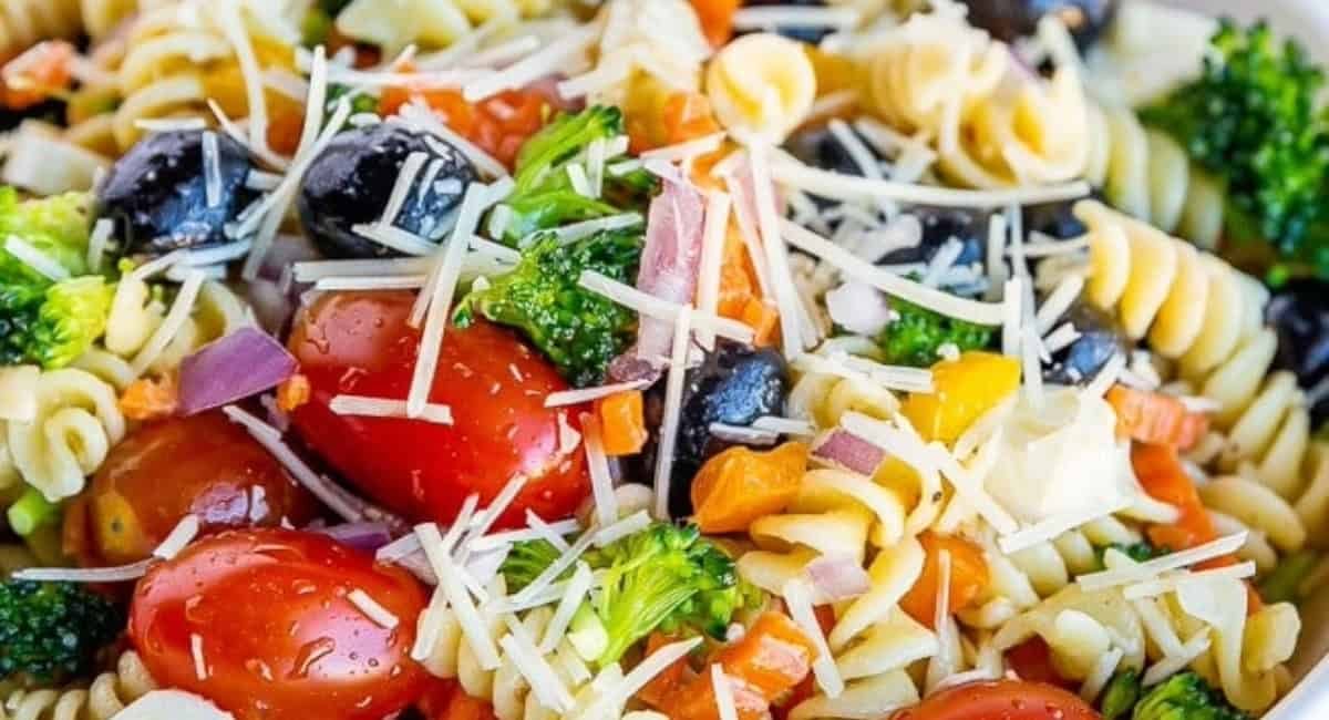 Up close image of easy pasta salad.