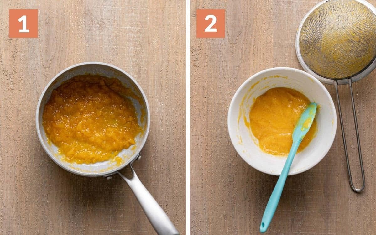 steps 1 & 2 cooked peaches in pan peach puree in bowl