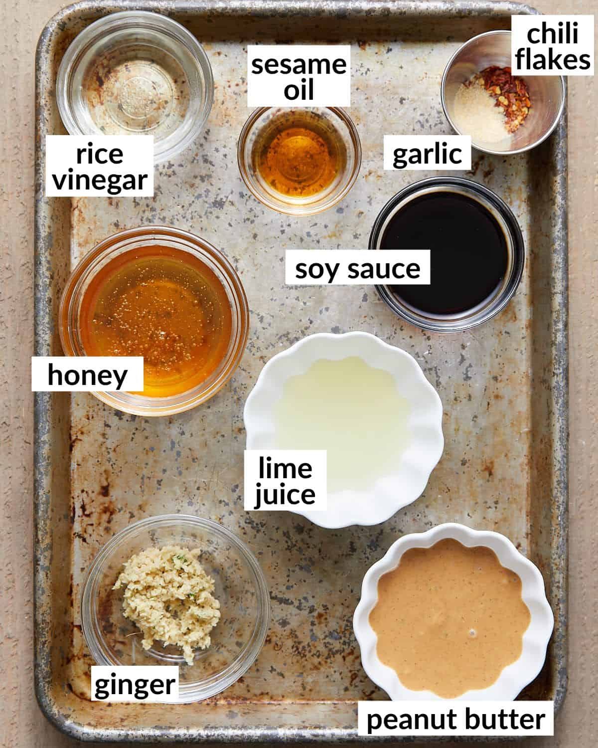 Overhead image of ingredients needed for peanut dressing.