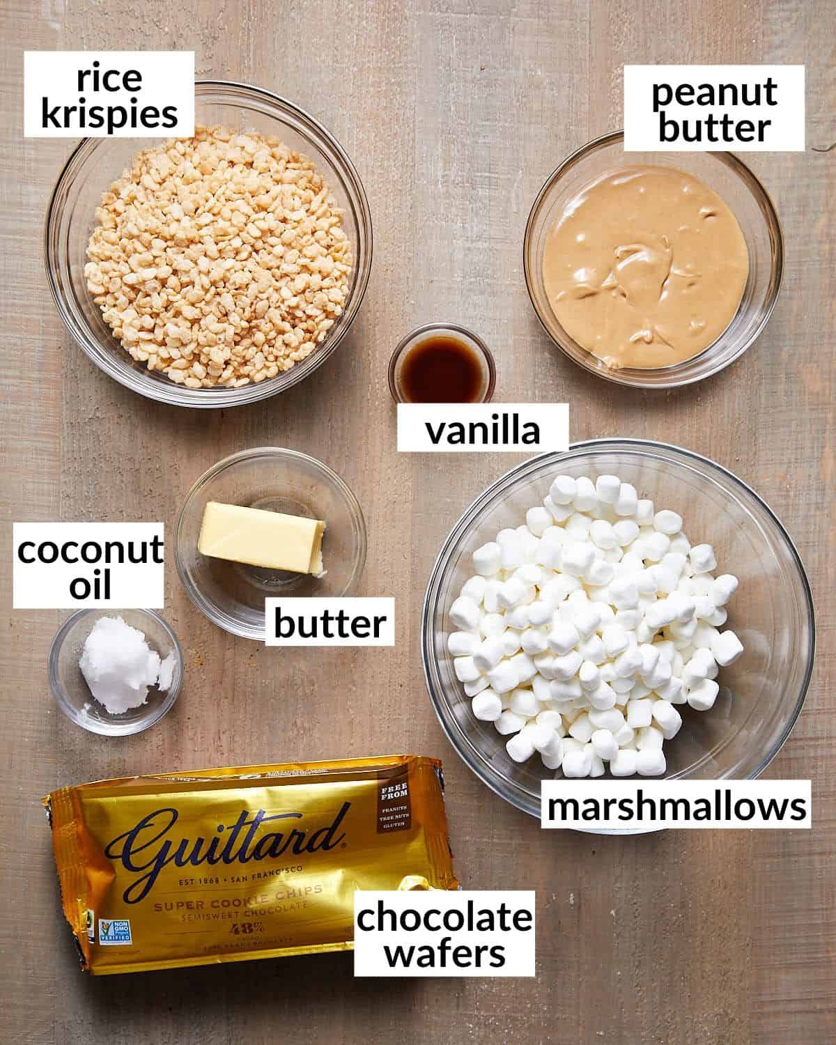 Ingredients needed to make peanut butter balls with rice krispies.