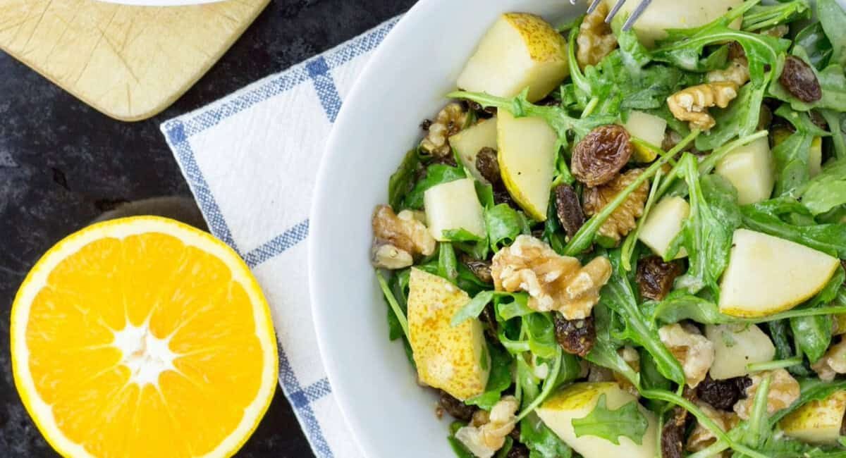 Overhead image of pear and walnut salad.