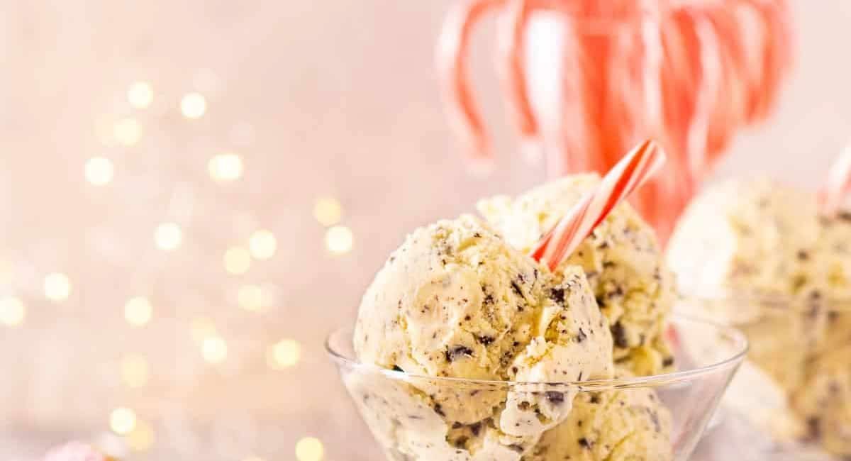 Up close image of peppermint bark ice cream.