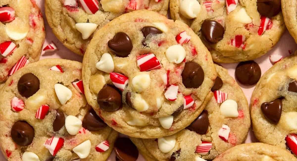 Overhead image of peppermint chocolate chip cookies.