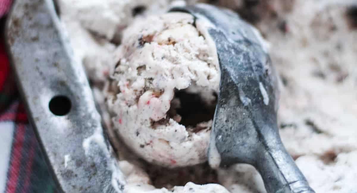 Up close image of peppermint oreo ice cream.