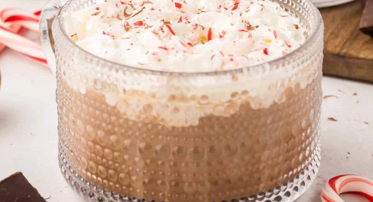 Up close image of peppermint mocha drink in glass cup.