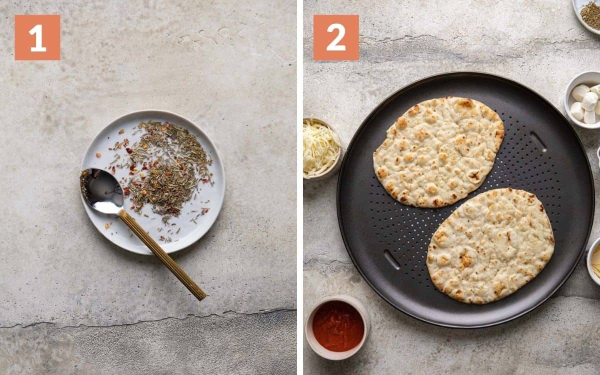 steps 1 & 2 herb blend on plate naans on pizza pan