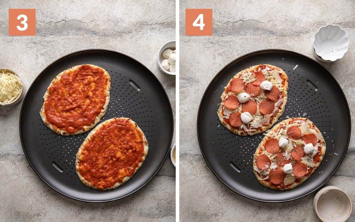 steps 3 & 4 sauce and garlic on naans pizzas fully assembled uncooked