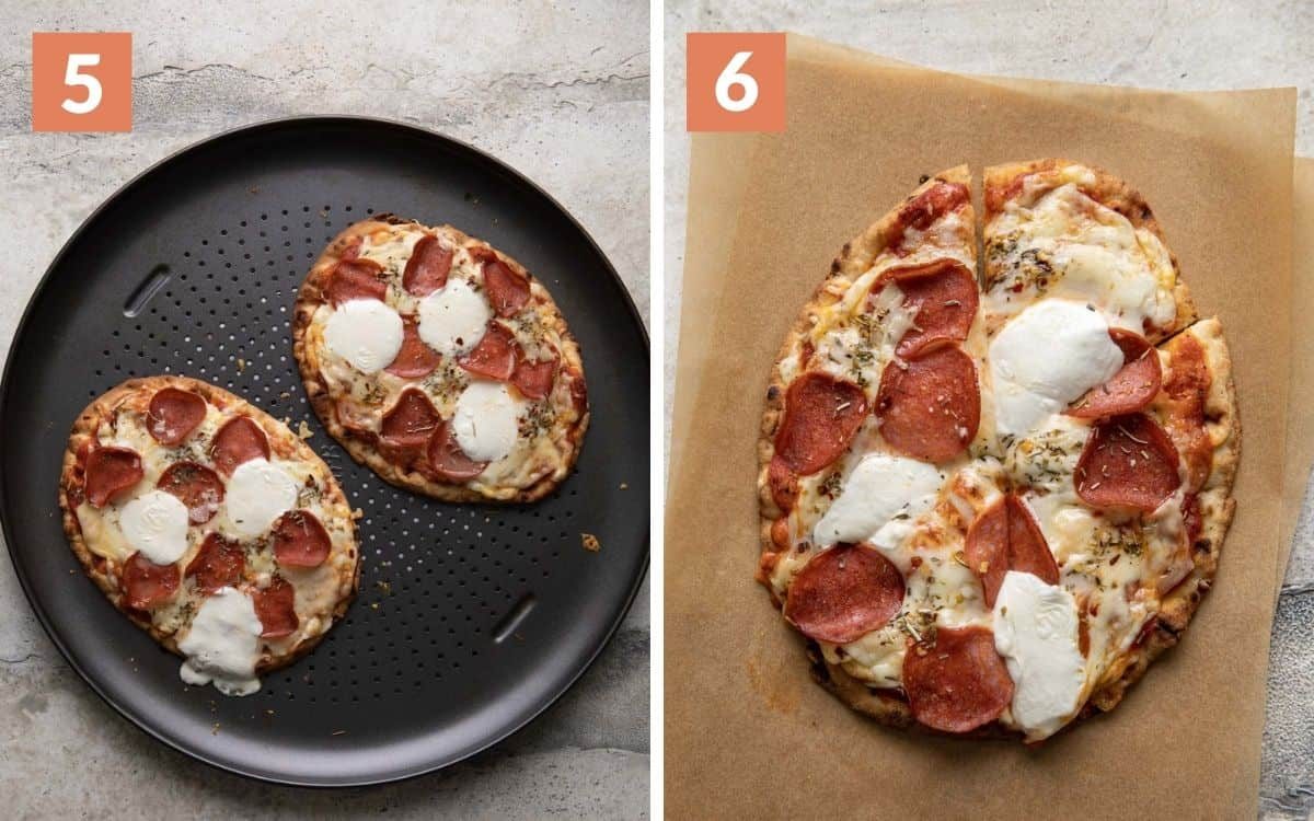 steps 5 & 6 cooked pizzas on pizza pan sliced pizza on parchment paper