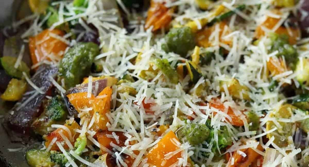 Overhead image of pesto veggies.
