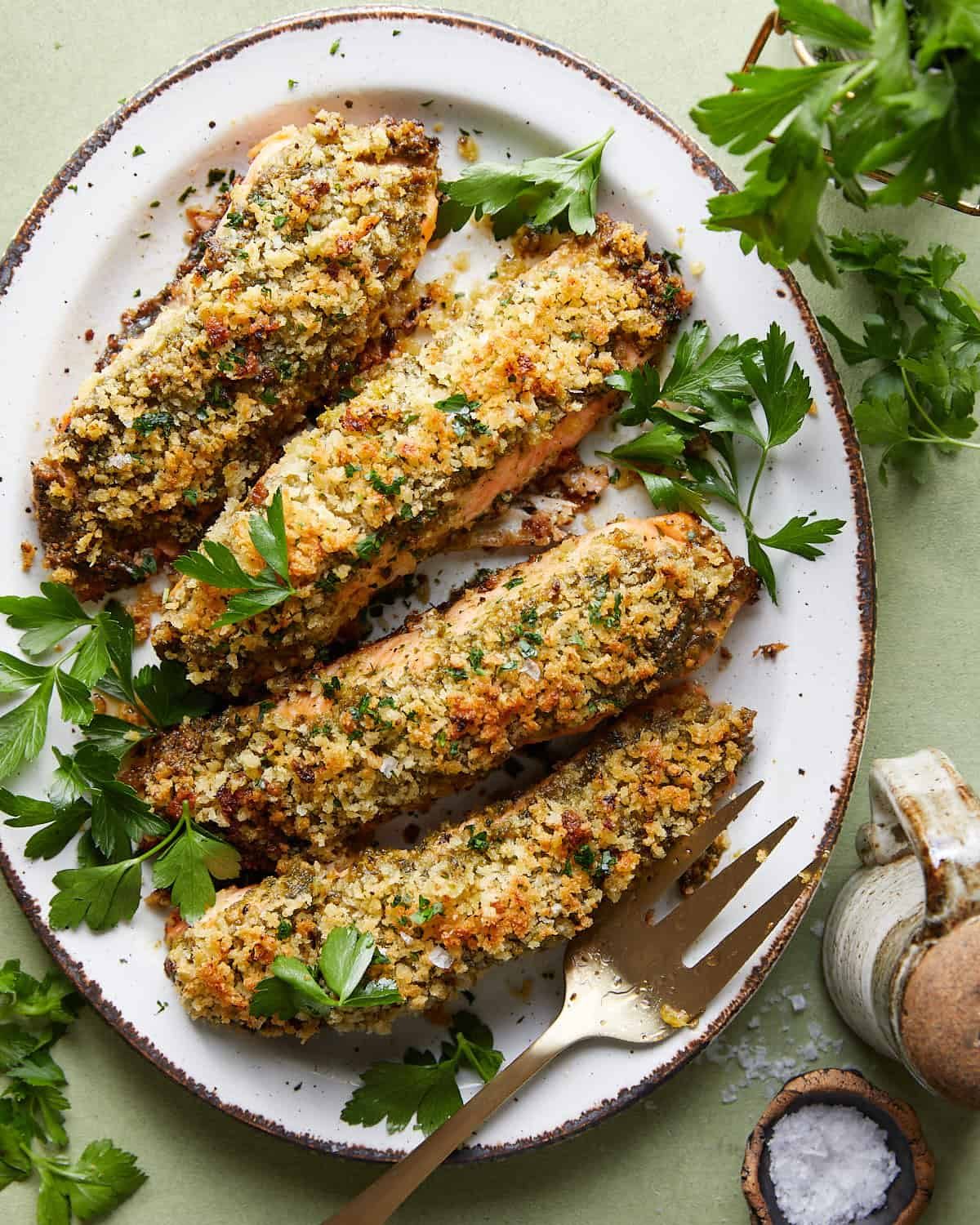 Overhead image of pesto crusted salmon with garlic lemon panko.
