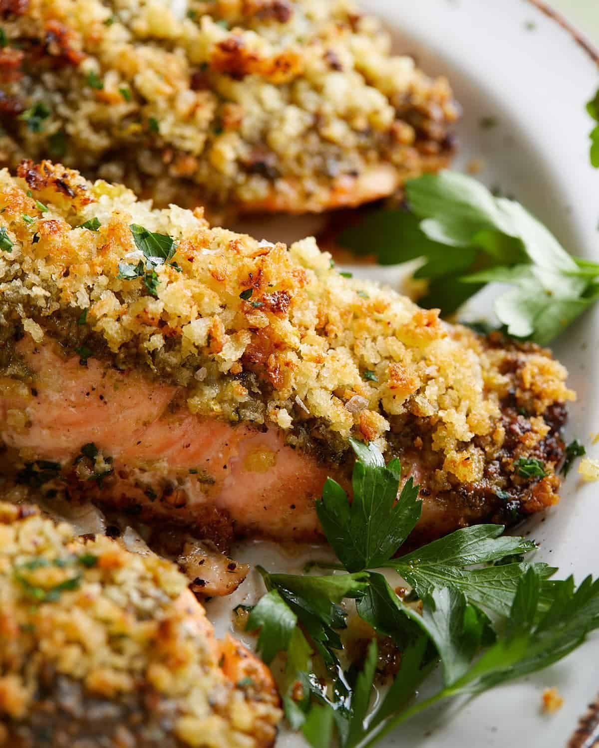Up close image of pesto crusted salmon with garlic lemon panko.