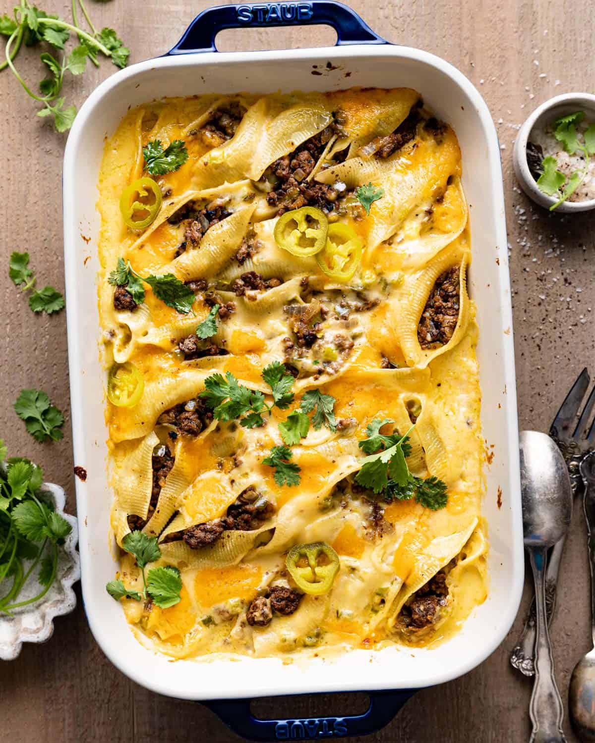 Overhead image of Philly cheesesteak stuffed shells with ground beef.