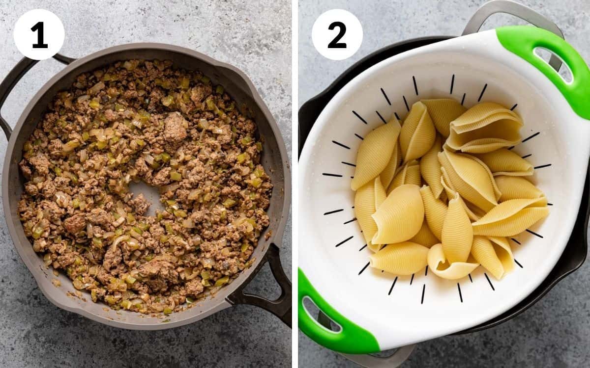A 2 photo collage showing the beginning steps of Philly cheesesteak stuffed shells.