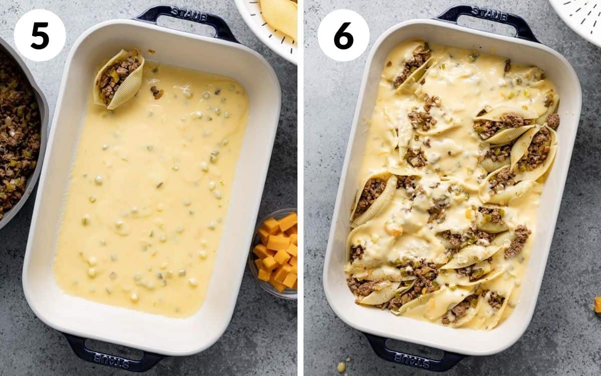 A 2 photo collage showing steps 5 and 6 for Philly cheesesteak stuffed shells.