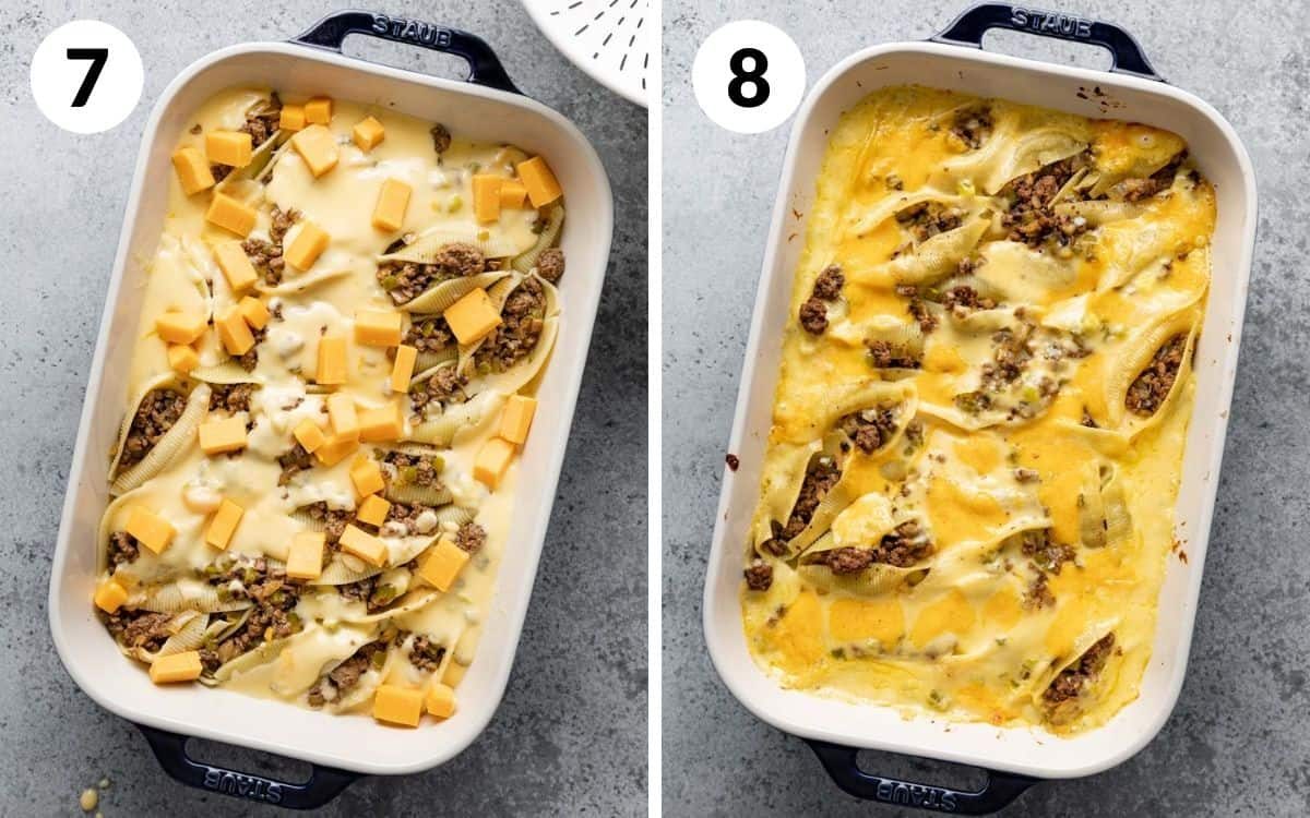 A 2 photo collage showing the final steps for Philly cheesesteak stuffed shells with ground beef.