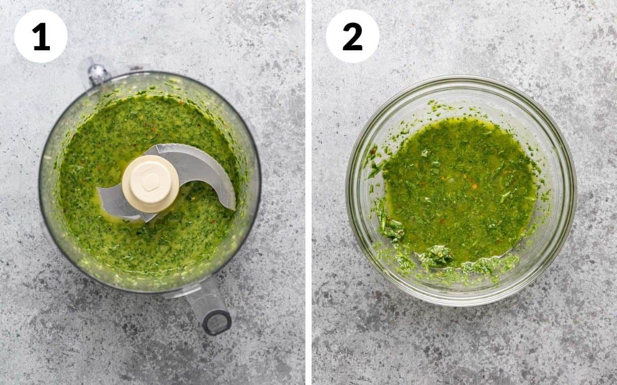 A 2 photo collage showing you how to blend the chimichurri.
