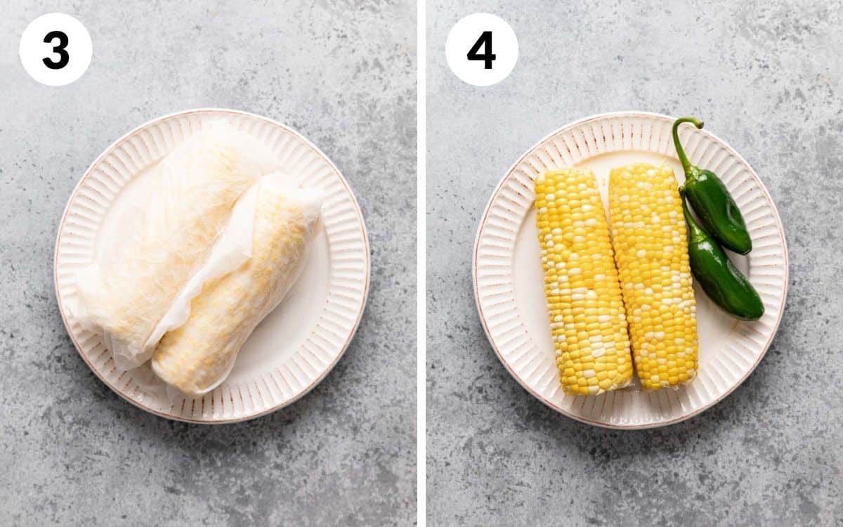 A 2 photo collage showing you how to steam the corn and brush it with oil.