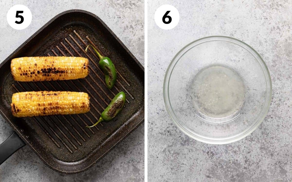A 2 photo collage showing you how to grill corn.
