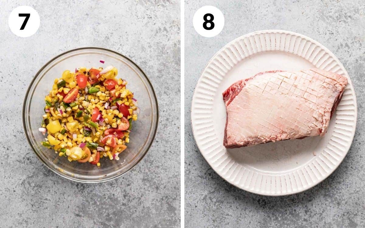 A 2 photo collage showing you how to make corn salsa and score the picanha steak.