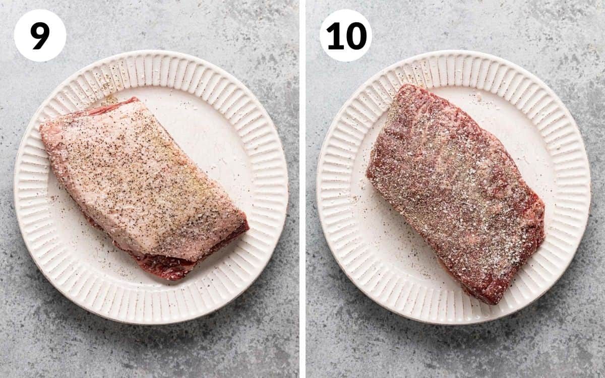 A 2 photo collage showing you how to season the picanha steak.