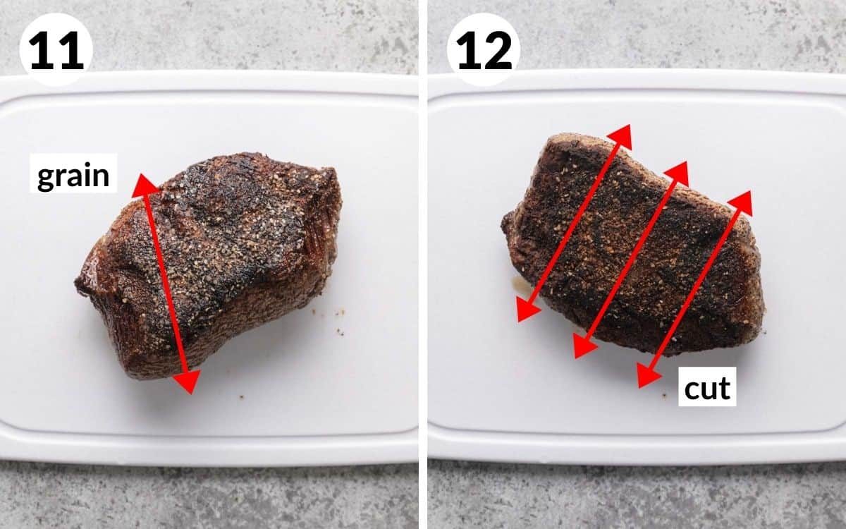 A 2 photo collage showing you how to slice the picanha steak against the grain.