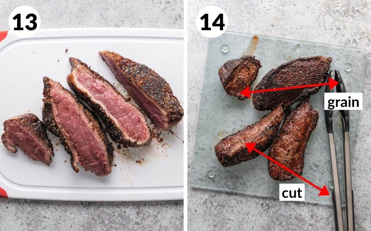 A 2 photo collage showing you how to slice the picanha into thinner steaks.