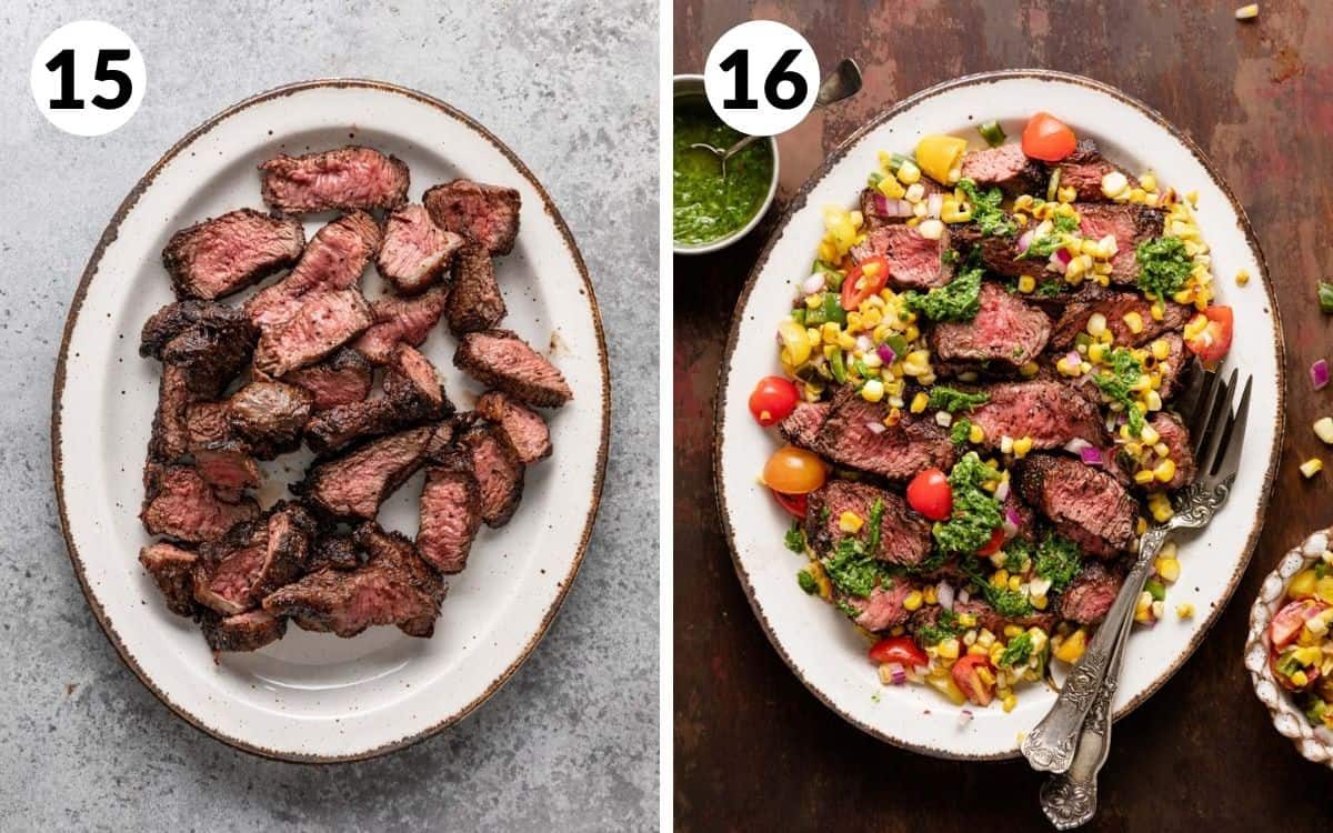 A 2 photo collage showing the picanha steak cut in bite size pieces and garnished.