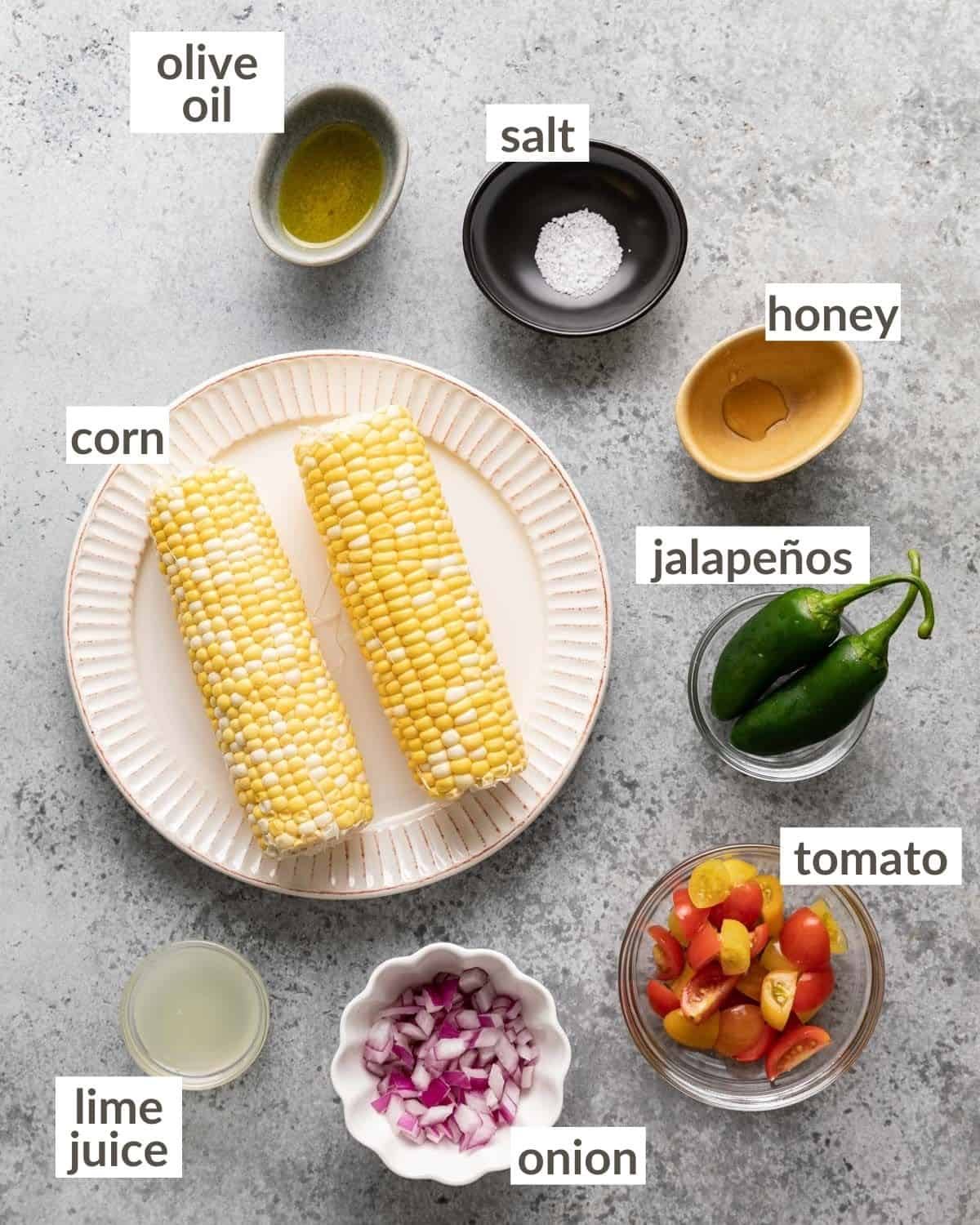 Ingredients needed to make corn salsa.