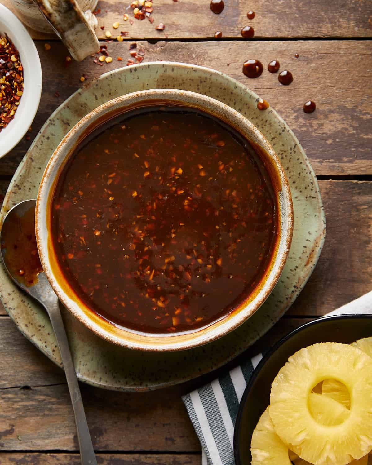Overhead image of pineapple teriyaki sauce in bowl.