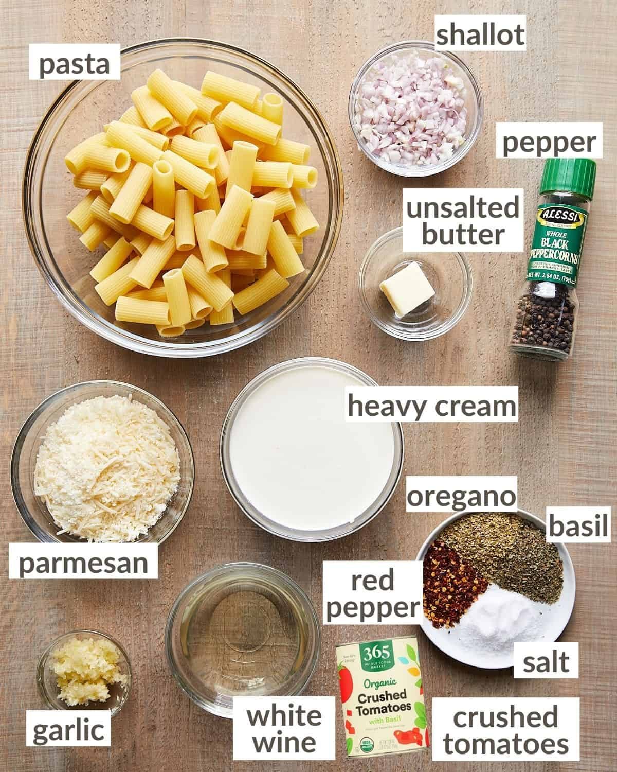 Overhead image of ingredients needed to make pink sauce pasta.