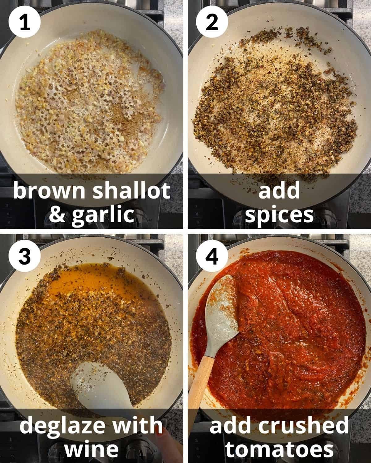 A four photo collage showing the first four steps for pink sauce pasta.