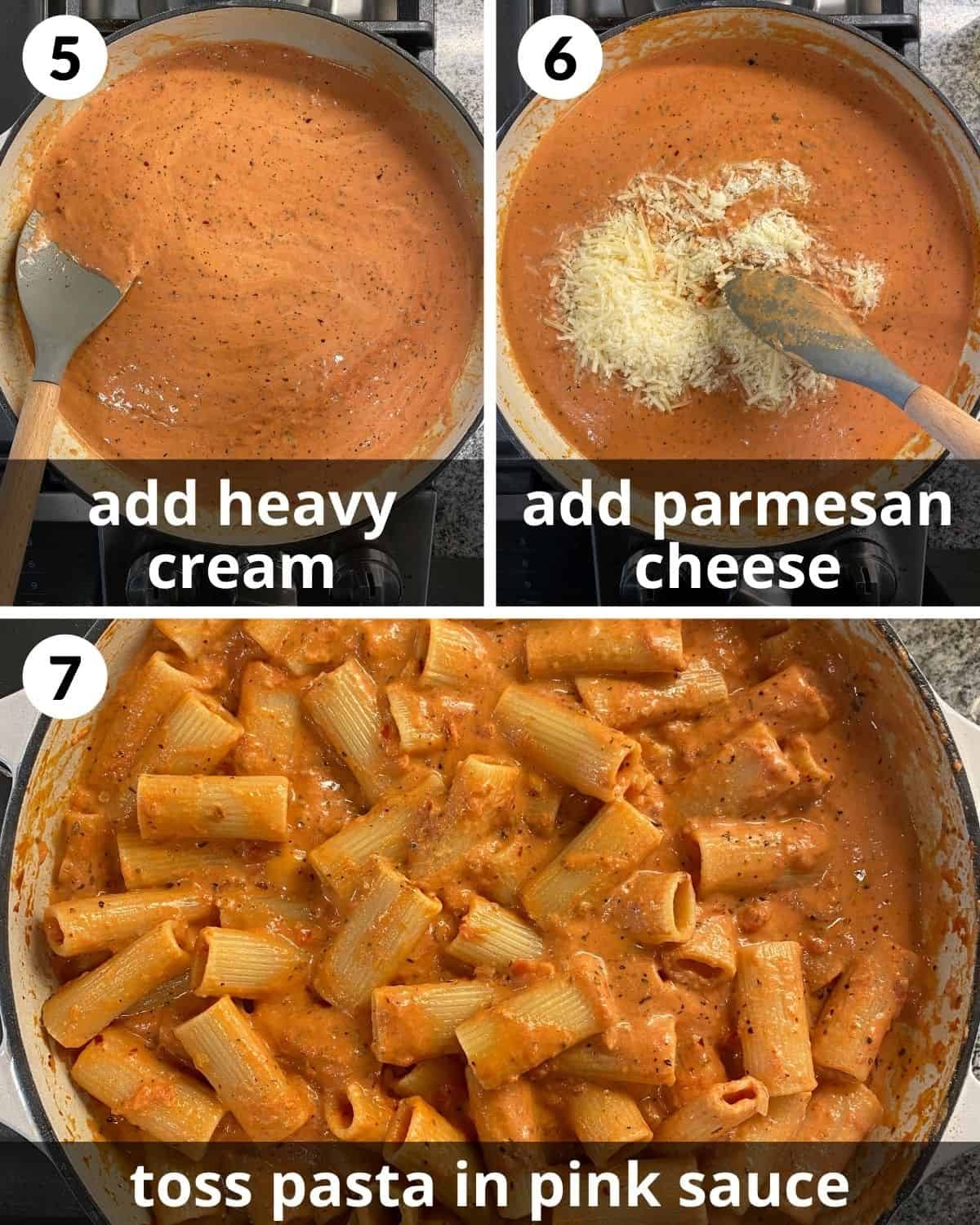 A three photo collage showing the final steps for pink sauce pasta.