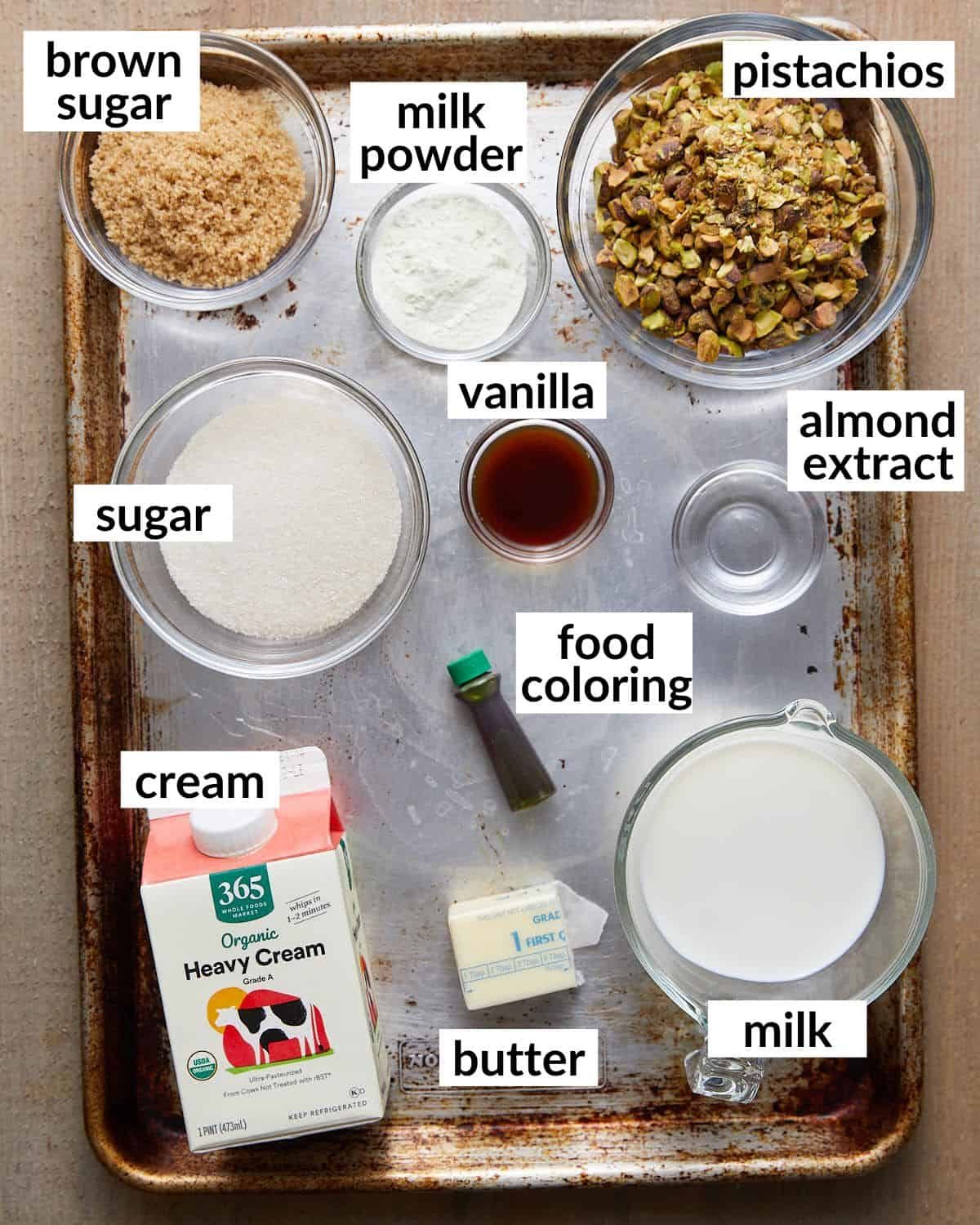 Overhead image of ingredients needed to make pistachio ice cream.
