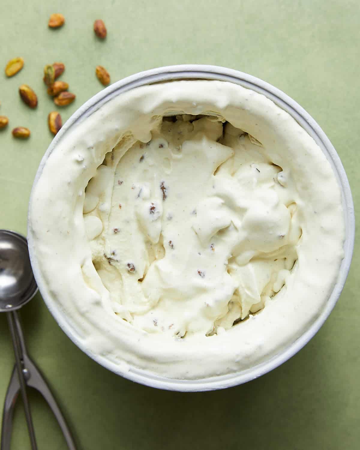 Overhead image of pistachio ice cream.