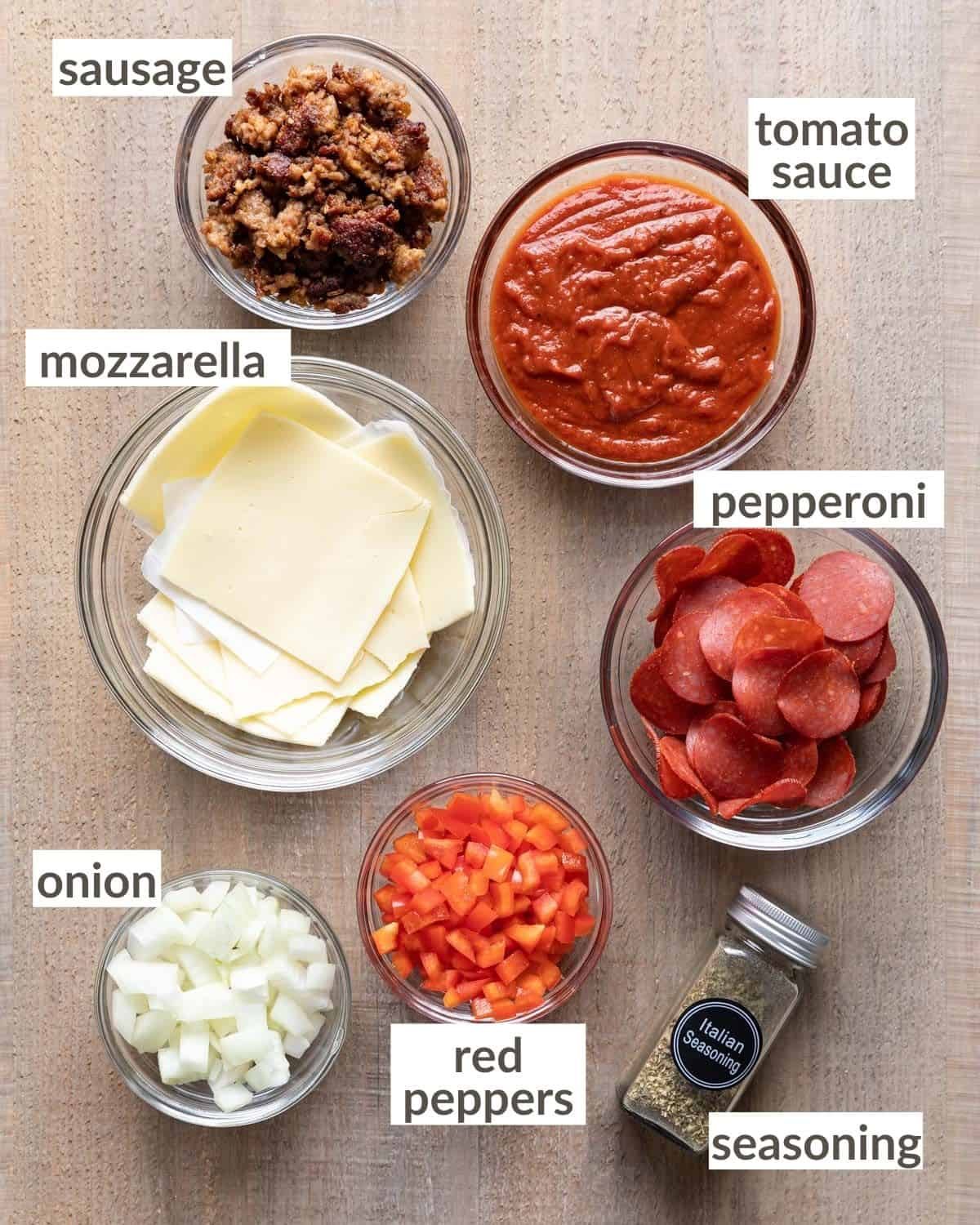 ingredients needed to make a pizza bowl in bowls overhead