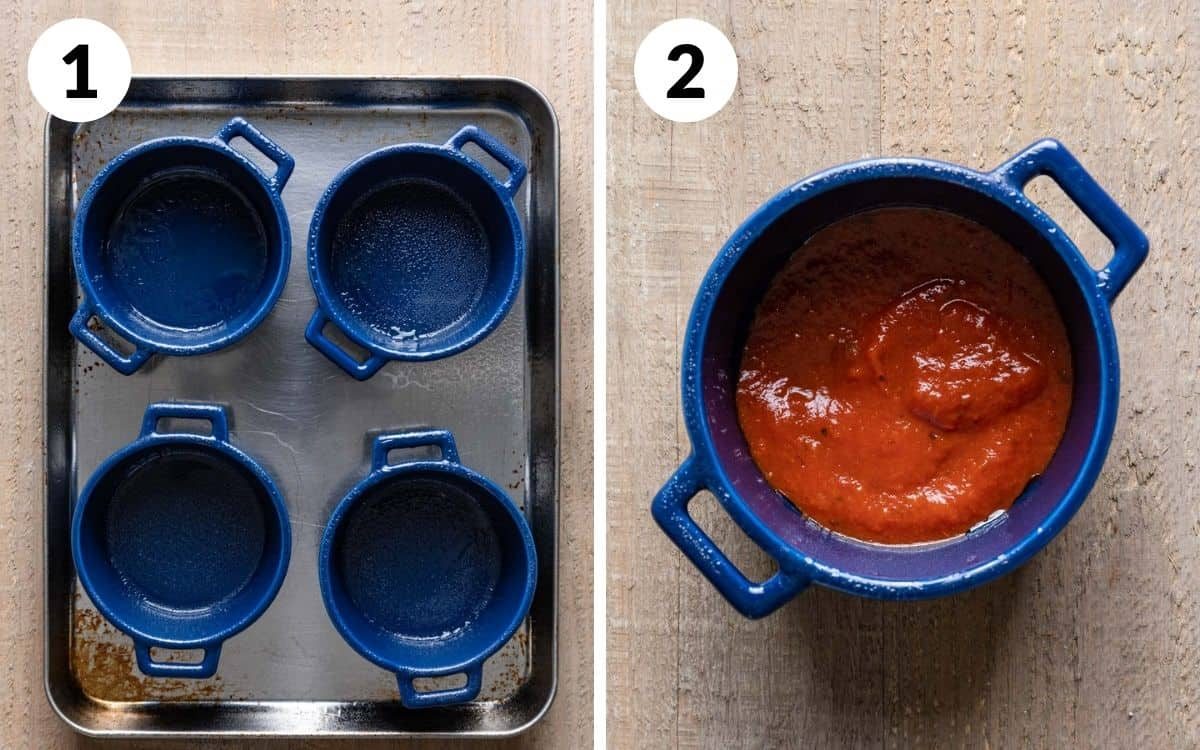 steps 1 & 2 ramekins greased for pizza bowls sauce layered in bowl