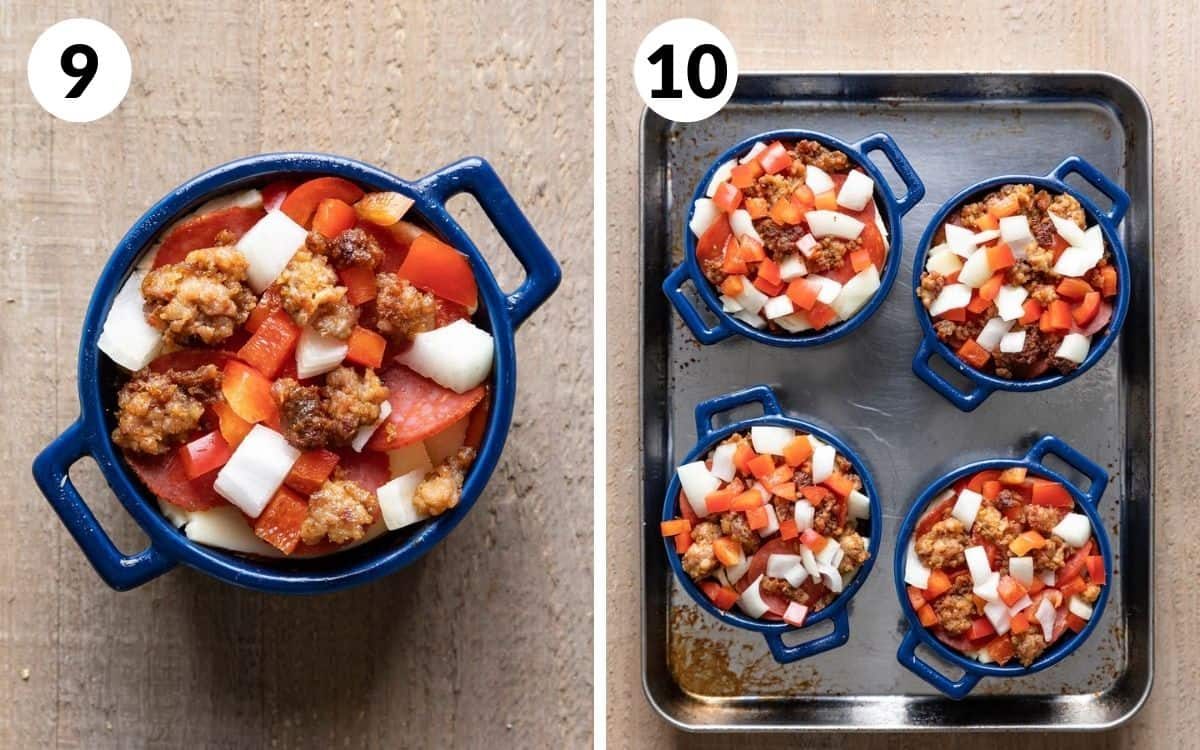 steps 9 & 10 one complete pizza bowl all four pizza bowls on sheet