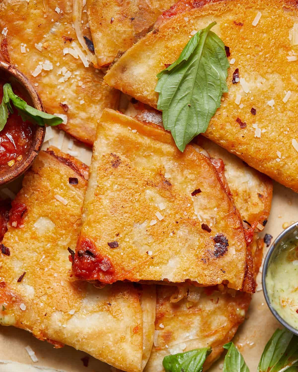 Up close image of pizza tortilla wraps.