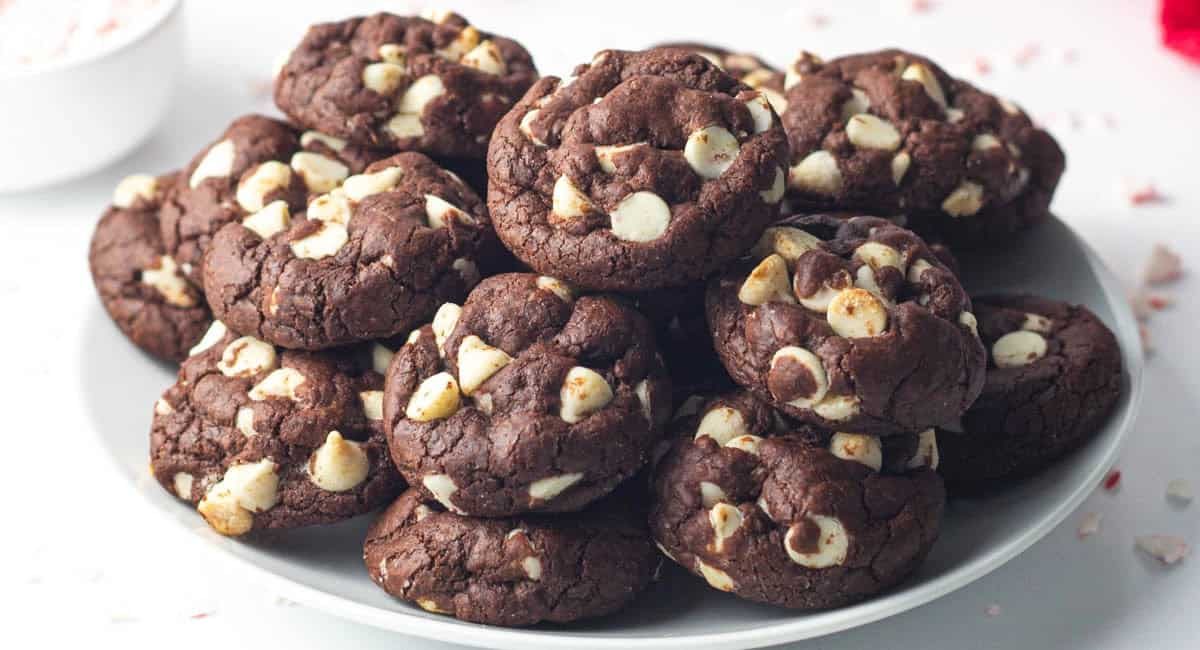Up close image of fudgy chocolate peppermint cookies on white plate.