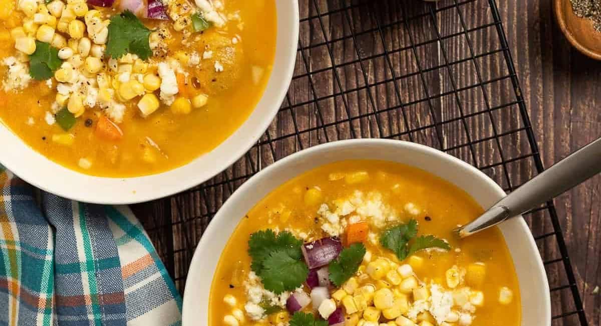Overhead image of pumpkin poblano corn chowder.
