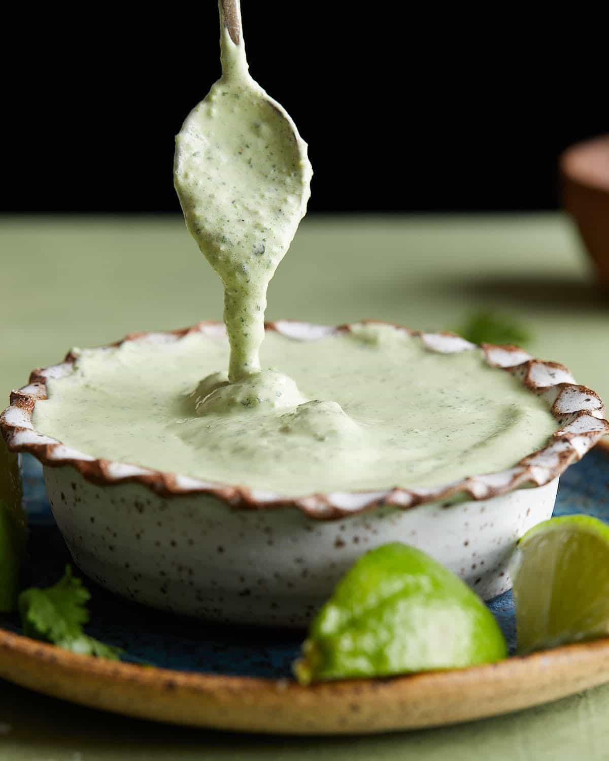 Up close image of poblano crema in white dish.