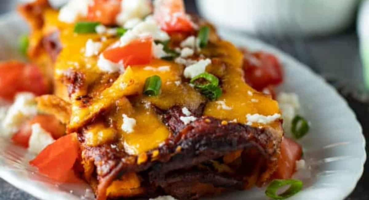 Up close image of pork enchiladas with red sauce.