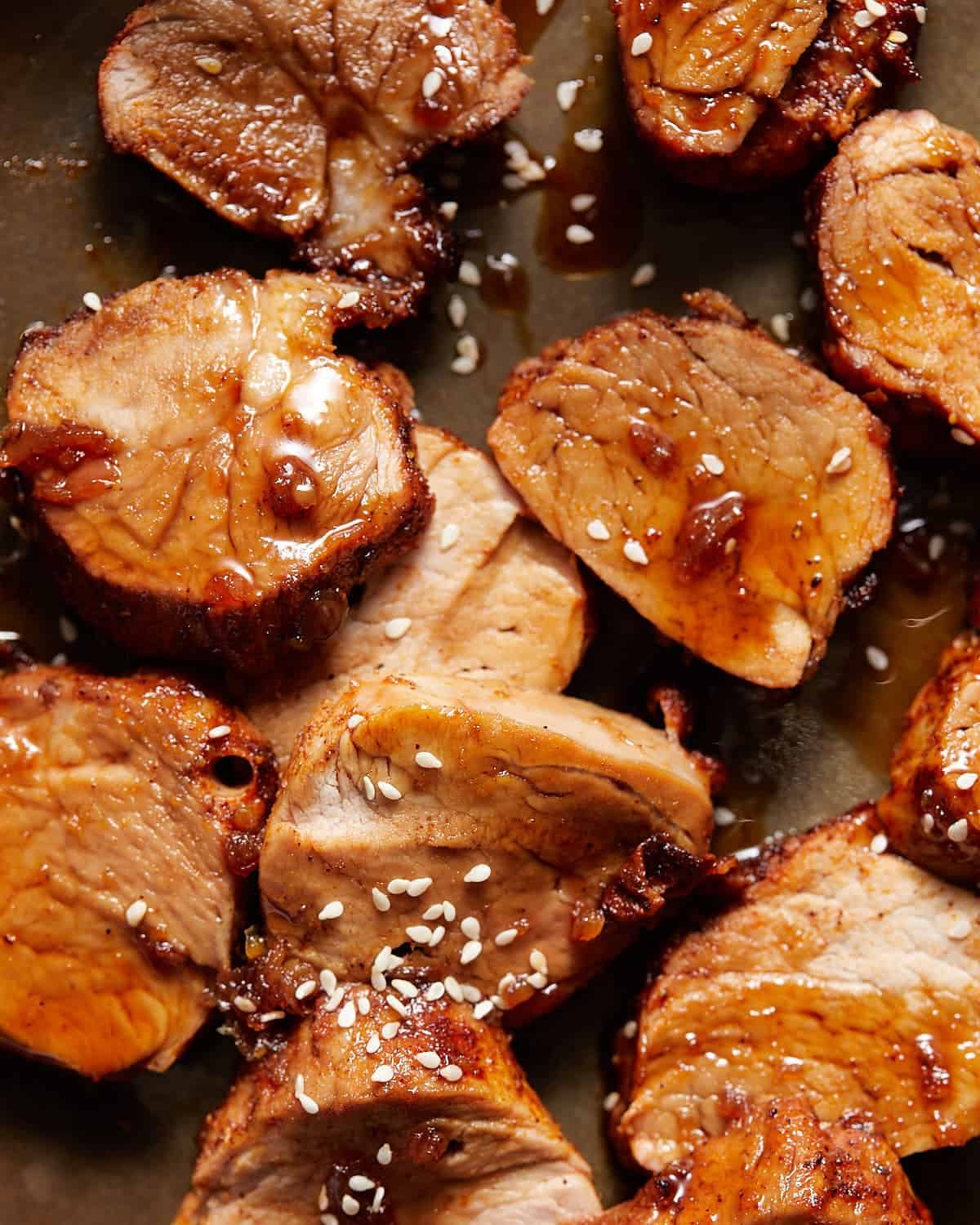 Pork tenderloin medallions covered with honey soy glaze.