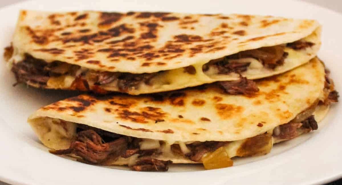 Up close image of leftover beef pot roast quesadillas.