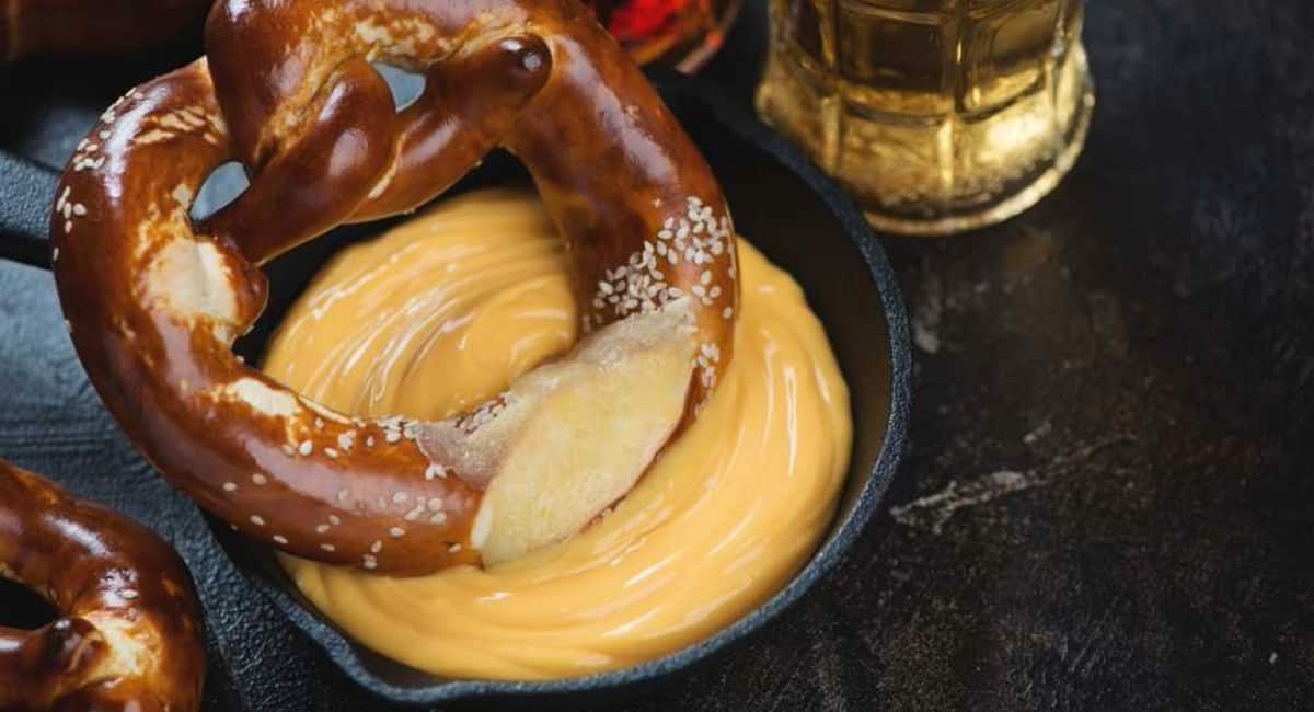 Overhead image of pretzel dipping sauce.